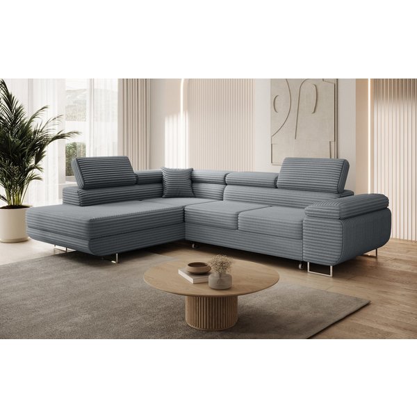 thematys Ecksofa ASTON mit Schlaffunktion & Bettkasten – Cordstoff TILIA, - mit 3 verstellbaren Kopfstützen, – L-Form 273×203 cm – Schlafsofa mit Auszug