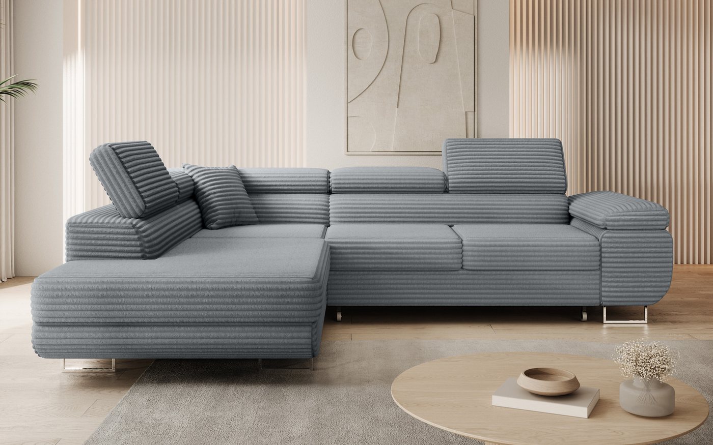 thematys Ecksofa ASTON mit Schlaffunktion & Bettkasten – Cordstoff TILIA, - mit 3 verstellbaren Kopfstützen, – L-Form 273×203 cm – Schlafsofa mit Auszug – Bild 2 von 5