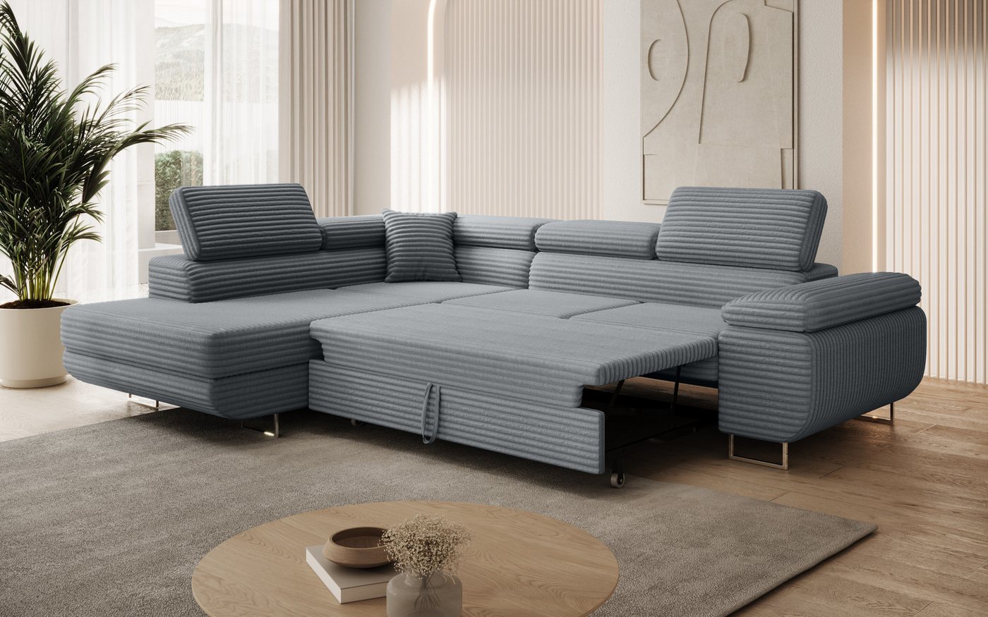 thematys Ecksofa ASTON mit Schlaffunktion & Bettkasten – Cordstoff TILIA, - mit 3 verstellbaren Kopfstützen, – L-Form 273×203 cm – Schlafsofa mit Auszug – Bild 3 von 5