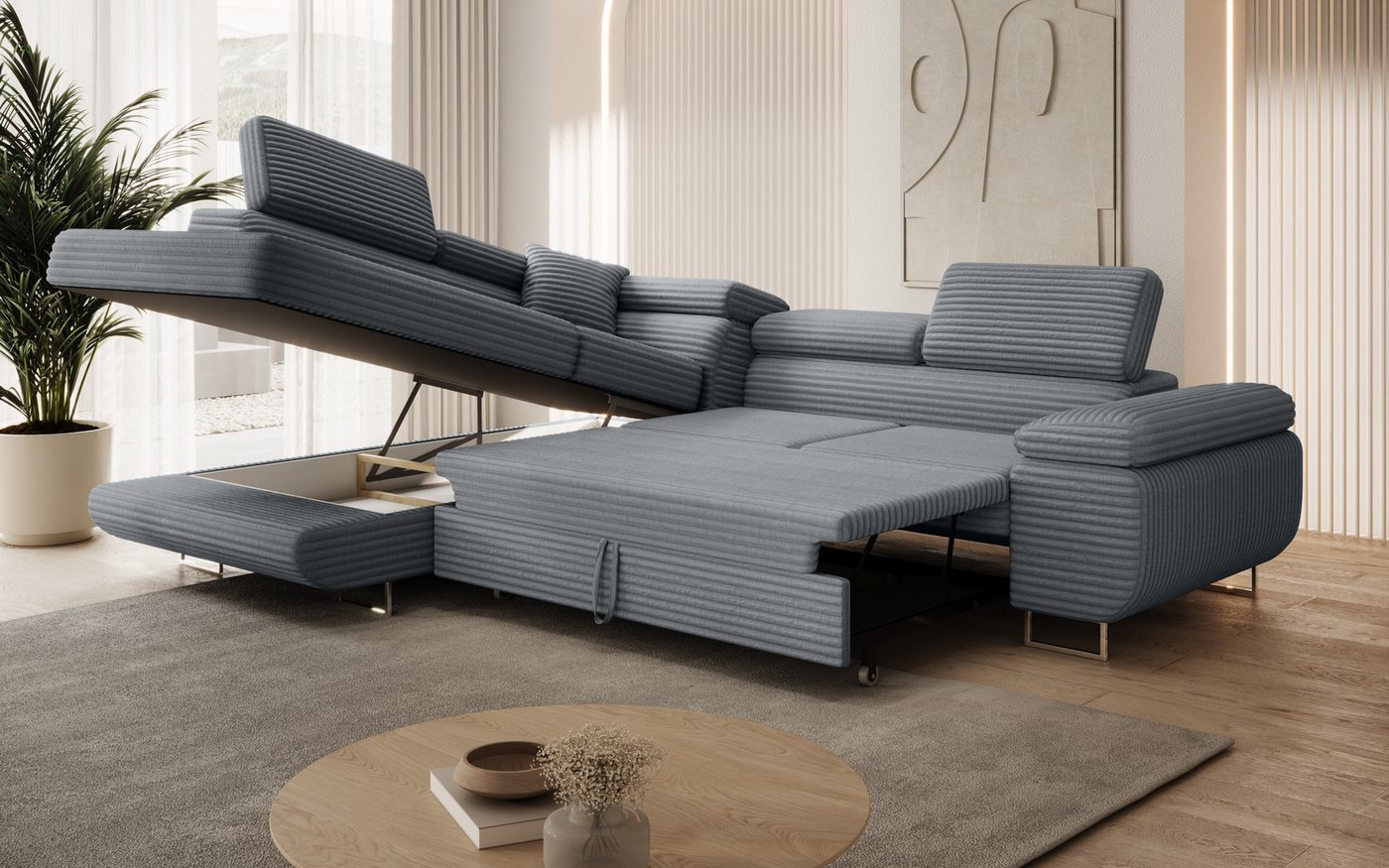 thematys Ecksofa ASTON mit Schlaffunktion & Bettkasten – Cordstoff TILIA, - mit 3 verstellbaren Kopfstützen, – L-Form 273×203 cm – Schlafsofa mit Auszug – Bild 4 von 5