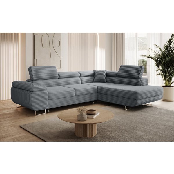 thematys Ecksofa ASTON mit Schlaffunktion & Bettkasten – Cordstoff TILIA, - mit 3 verstellbaren Kopfstützen, – L-Form 273×203 cm – Schlafsofa mit Auszug