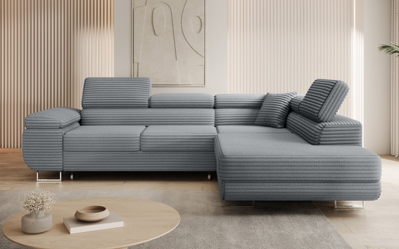 thematys Ecksofa ASTON mit Schlaffunktion & Bettkasten – Cordstoff TILIA, - mit 3 verstellbaren Kopfstützen, – L-Form 273×203 cm – Schlafsofa mit Auszug – Bild 2 von 5