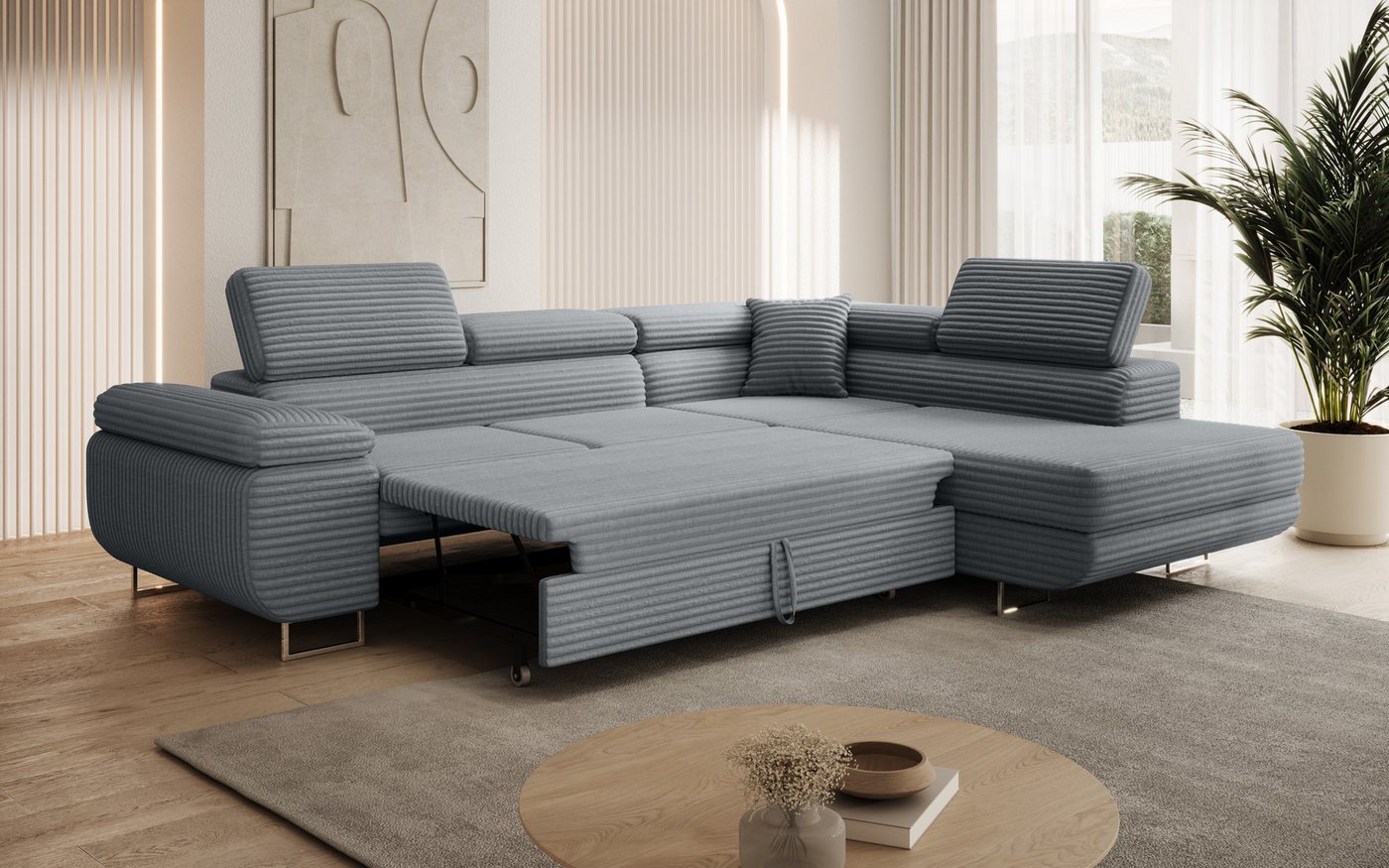 thematys Ecksofa ASTON mit Schlaffunktion & Bettkasten – Cordstoff TILIA, - mit 3 verstellbaren Kopfstützen, – L-Form 273×203 cm – Schlafsofa mit Auszug – Bild 3 von 5