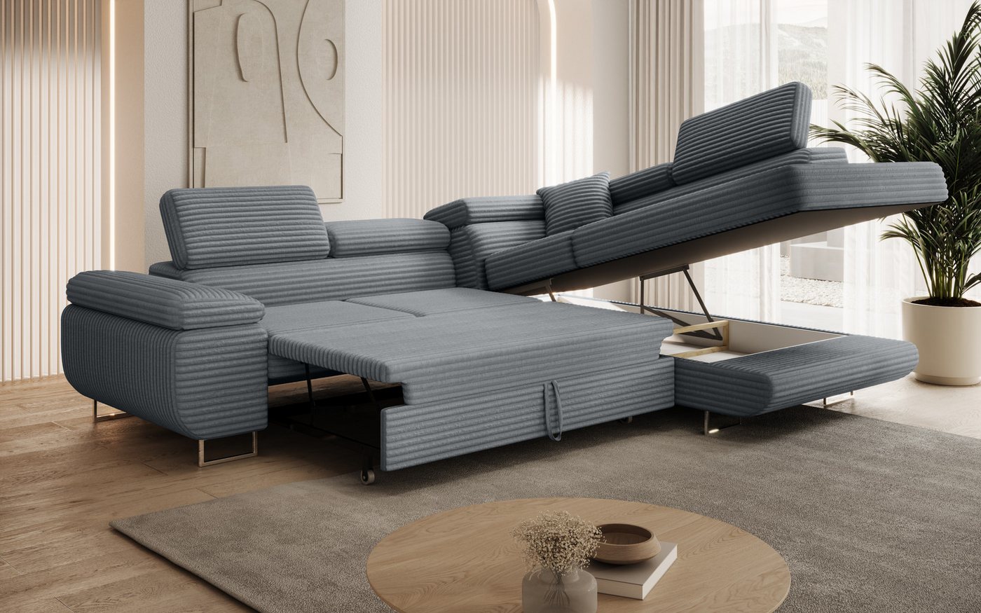 thematys Ecksofa ASTON mit Schlaffunktion & Bettkasten – Cordstoff TILIA, - mit 3 verstellbaren Kopfstützen, – L-Form 273×203 cm – Schlafsofa mit Auszug – Bild 4 von 5