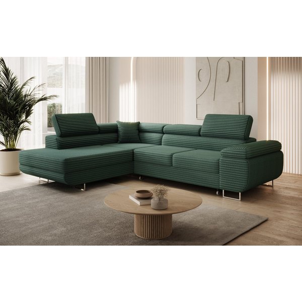 thematys Ecksofa ASTON mit Schlaffunktion & Bettkasten – Cordstoff TILIA, - mit 3 verstellbaren Kopfstützen, – L-Form 273×203 cm – Schlafsofa mit Auszug