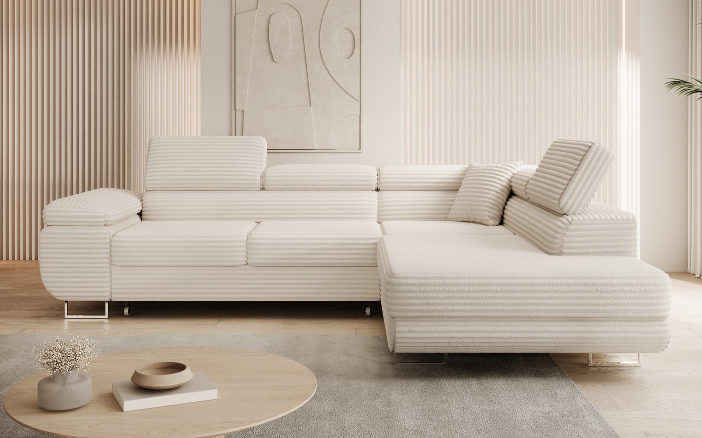 thematys Ecksofa ASTON mit Schlaffunktion & Bettkasten – Cordstoff TILIA, - mit 3 verstellbaren Kopfstützen, – L-Form 273×203 cm – Schlafsofa mit Auszug – Bild 2 von 5