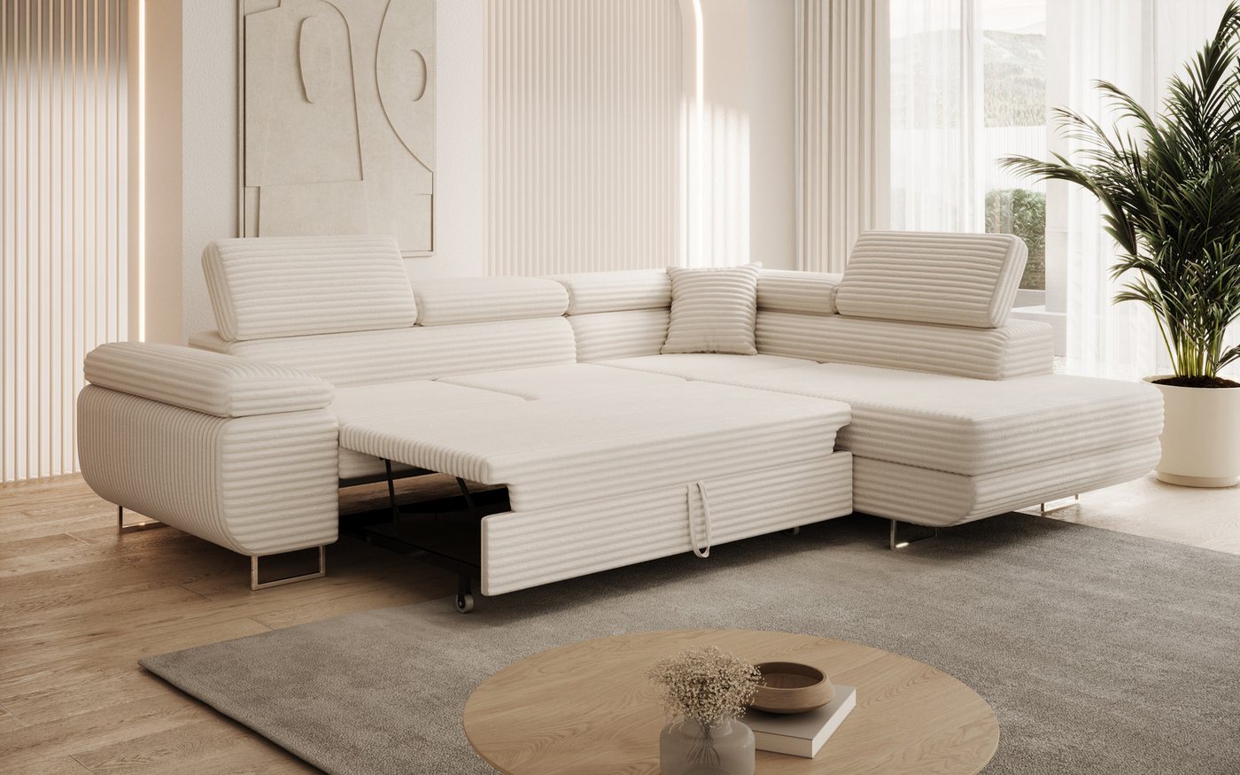 thematys Ecksofa ASTON mit Schlaffunktion & Bettkasten – Cordstoff TILIA, - mit 3 verstellbaren Kopfstützen, – L-Form 273×203 cm – Schlafsofa mit Auszug – Bild 3 von 5