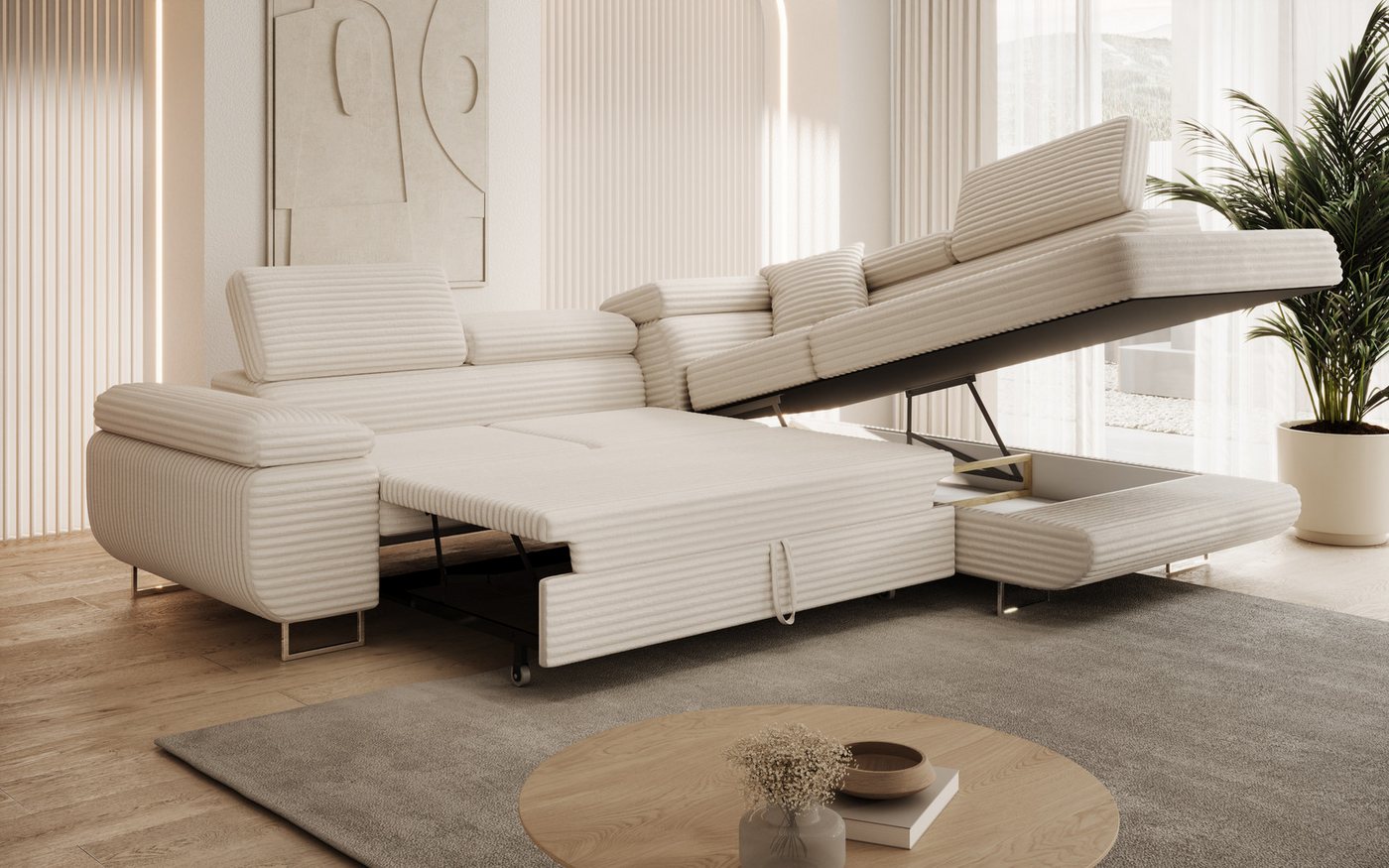 thematys Ecksofa ASTON mit Schlaffunktion & Bettkasten – Cordstoff TILIA, - mit 3 verstellbaren Kopfstützen, – L-Form 273×203 cm – Schlafsofa mit Auszug – Bild 4 von 5
