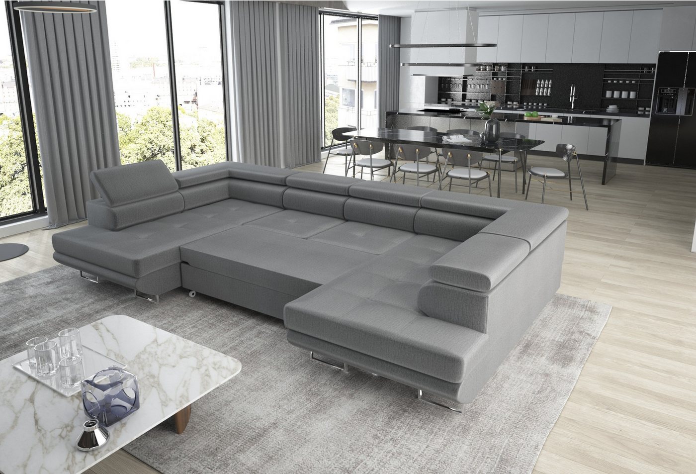 thematys Ecksofa Aston U 403 x 203cm mit Schlaffunktion & Bettkasten –, U-Sofa mit verstellbaren Kopfstützen, Samt (Monolotith), oder Cord (Poso), - U-Form, XL- – Bild 2 von 5