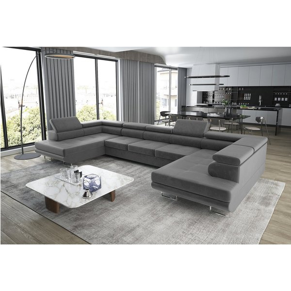 thematys Ecksofa Aston U 403 x 203cm mit Schlaffunktion & Bettkasten –, U-Sofa mit verstellbaren Kopfstützen, Samt (Monolotith), oder Cord (Poso), - U-Form, XL-