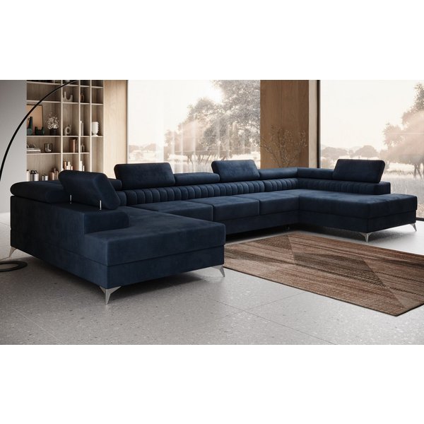 thematys Ecksofa FERMO 403 x 203cm mit Schlaffunktion & Bettkasten –, U-Sofa mit verstellbaren Kopfstützen, Samt (Monolotith), oder Bouclé (Quelle), - U-Form, X