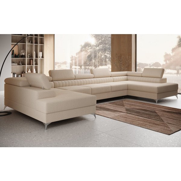 thematys Ecksofa FERMO 403 x 203cm mit Schlaffunktion & Bettkasten –, U-Sofa mit verstellbaren Kopfstützen, Samt (Monolotith), oder Bouclé (Quelle), - U-Form, X