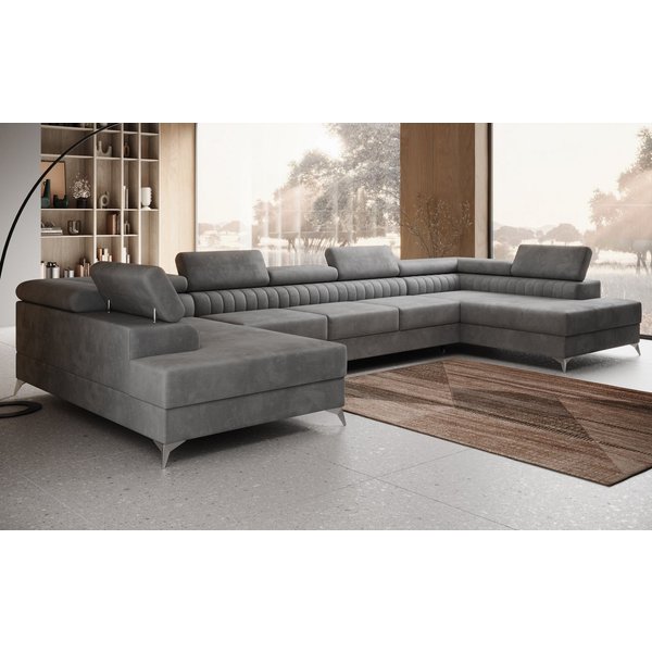 thematys Ecksofa FERMO 403 x 203cm mit Schlaffunktion & Bettkasten –, U-Sofa mit verstellbaren Kopfstützen, Samt (Monolotith), oder Bouclé (Quelle), - U-Form, X
