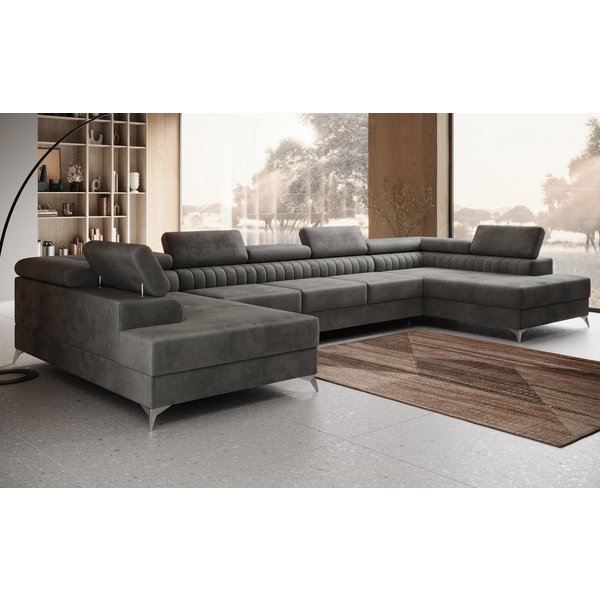 thematys Ecksofa FERMO 403 x 203cm mit Schlaffunktion & Bettkasten –, U-Sofa mit verstellbaren Kopfstützen, Samt (Monolotith), oder Bouclé (Quelle), - U-Form, X