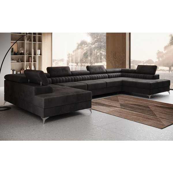 thematys Ecksofa FERMO 403 x 203cm mit Schlaffunktion & Bettkasten –, U-Sofa mit verstellbaren Kopfstützen, Samt (Monolotith), oder Bouclé (Quelle), - U-Form, X