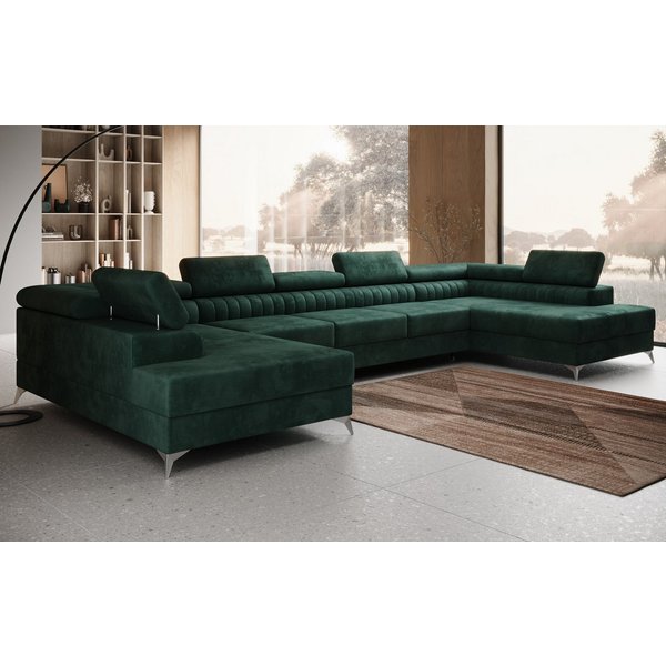 thematys Ecksofa FERMO 403 x 203cm mit Schlaffunktion & Bettkasten –, U-Sofa mit verstellbaren Kopfstützen, Samt (Monolotith), oder Bouclé (Quelle), - U-Form, X