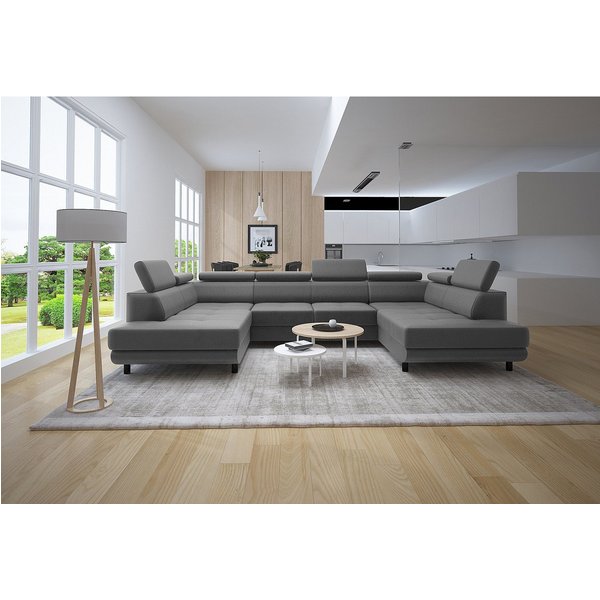 thematys Ecksofa LUNA U mit Schlaffunktion & Bettkasten – aus weichem Velours Stoff, mit verstellbaren Kopfstützen, – U-Form 325×183 cm – Schlafsofa mit Auszug