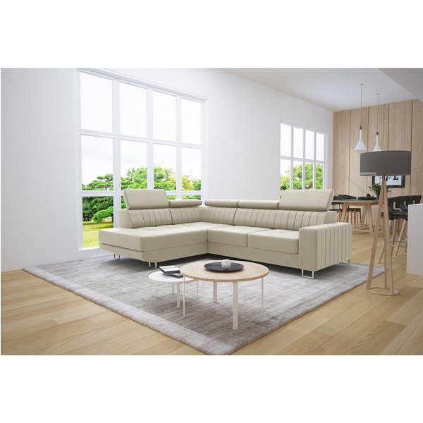 thematys Ecksofa POLA mit Schlaffunktion und Bettkasten, L-Form, Samt, - mit verstellbaren Kopfstützen, – L-Form 250×183 cm – Schlafsofa mit Auszug