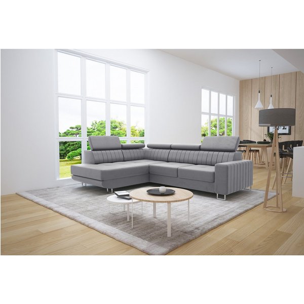 thematys Ecksofa POLA mit Schlaffunktion und Bettkasten, L-Form, Samt, - mit verstellbaren Kopfstützen, – L-Form 250×183 cm – Schlafsofa mit Auszug