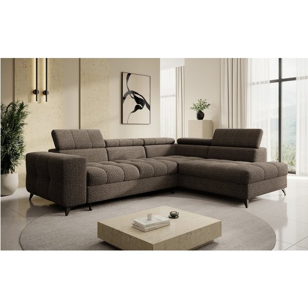 thematys Ecksofa SORANO mit Schlaffunktion & Bettkasten – L-Form, Bouclé und Velours, - mit verstellbaren Kopfstützen, – L-Form 270×203 cm – Schlafsofa mit Ausz