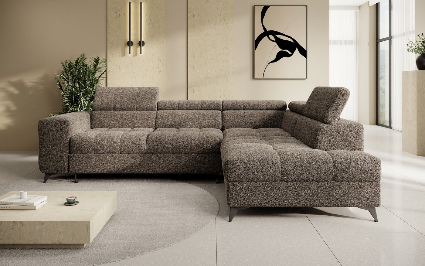 thematys Ecksofa SORANO mit Schlaffunktion & Bettkasten – L-Form, Bouclé und Velours, - mit verstellbaren Kopfstützen, – L-Form 270×203 cm – Schlafsofa mit Ausz – Bild 2 von 5