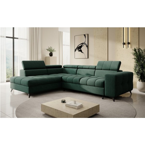 thematys Ecksofa SORANO mit Schlaffunktion & Bettkasten – L-Form, Bouclé und Velours, - mit verstellbaren Kopfstützen, – L-Form 270×203 cm – Schlafsofa mit Ausz