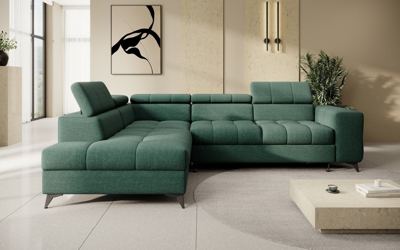 thematys Ecksofa SORANO mit Schlaffunktion & Bettkasten – L-Form, Bouclé und Velours, - mit verstellbaren Kopfstützen, – L-Form 270×203 cm – Schlafsofa mit Ausz – Bild 2 von 5