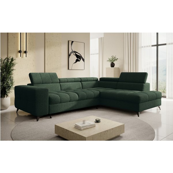 thematys Ecksofa SORANO mit Schlaffunktion & Bettkasten – L-Form, Bouclé und Velours, - mit verstellbaren Kopfstützen, – L-Form 270×203 cm – Schlafsofa mit Ausz