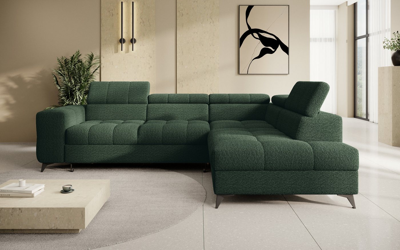 thematys Ecksofa SORANO mit Schlaffunktion & Bettkasten – L-Form, Bouclé und Velours, - mit verstellbaren Kopfstützen, – L-Form 270×203 cm – Schlafsofa mit Ausz – Bild 2 von 5