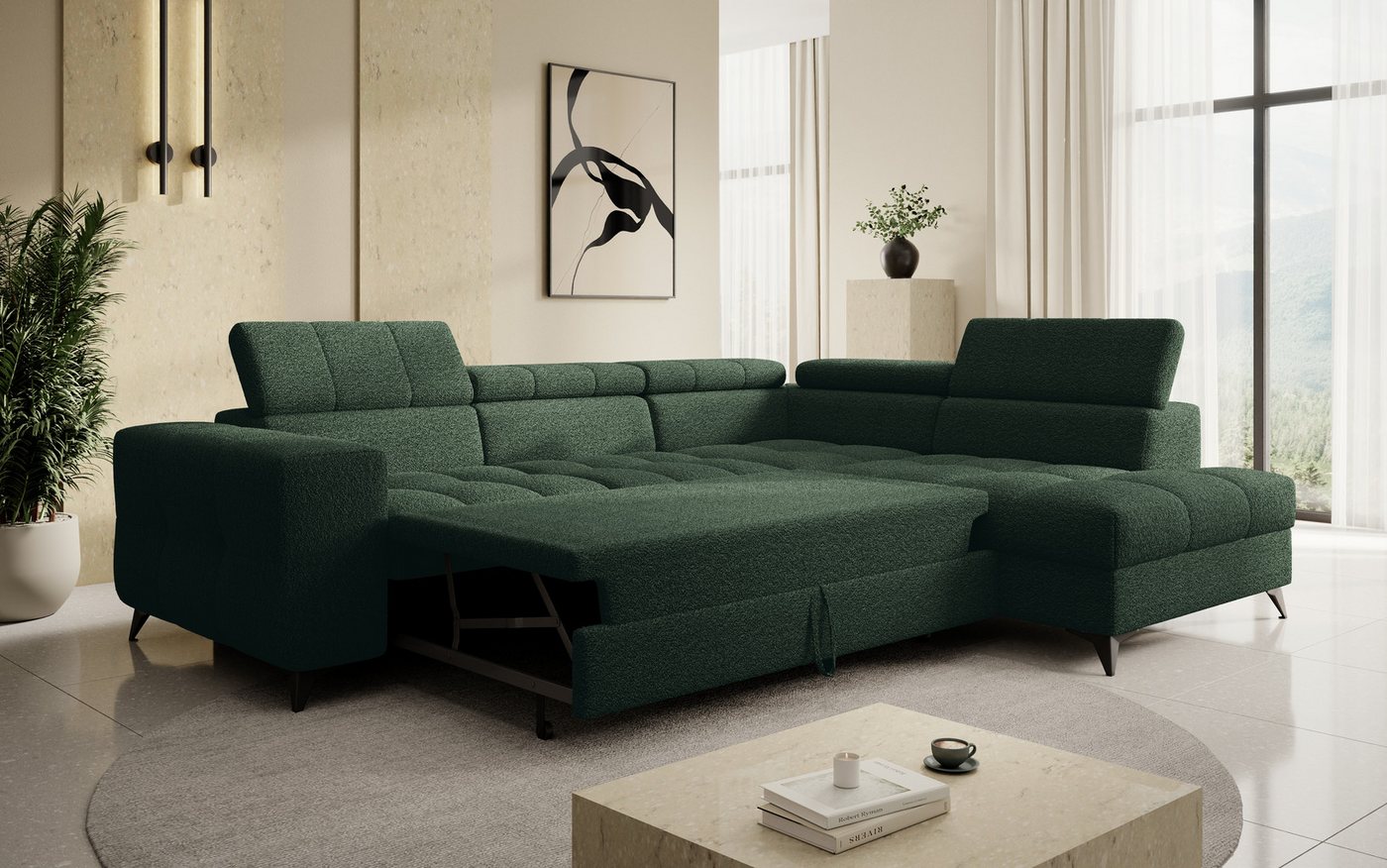 thematys Ecksofa SORANO mit Schlaffunktion & Bettkasten – L-Form, Bouclé und Velours, - mit verstellbaren Kopfstützen, – L-Form 270×203 cm – Schlafsofa mit Ausz – Bild 3 von 5