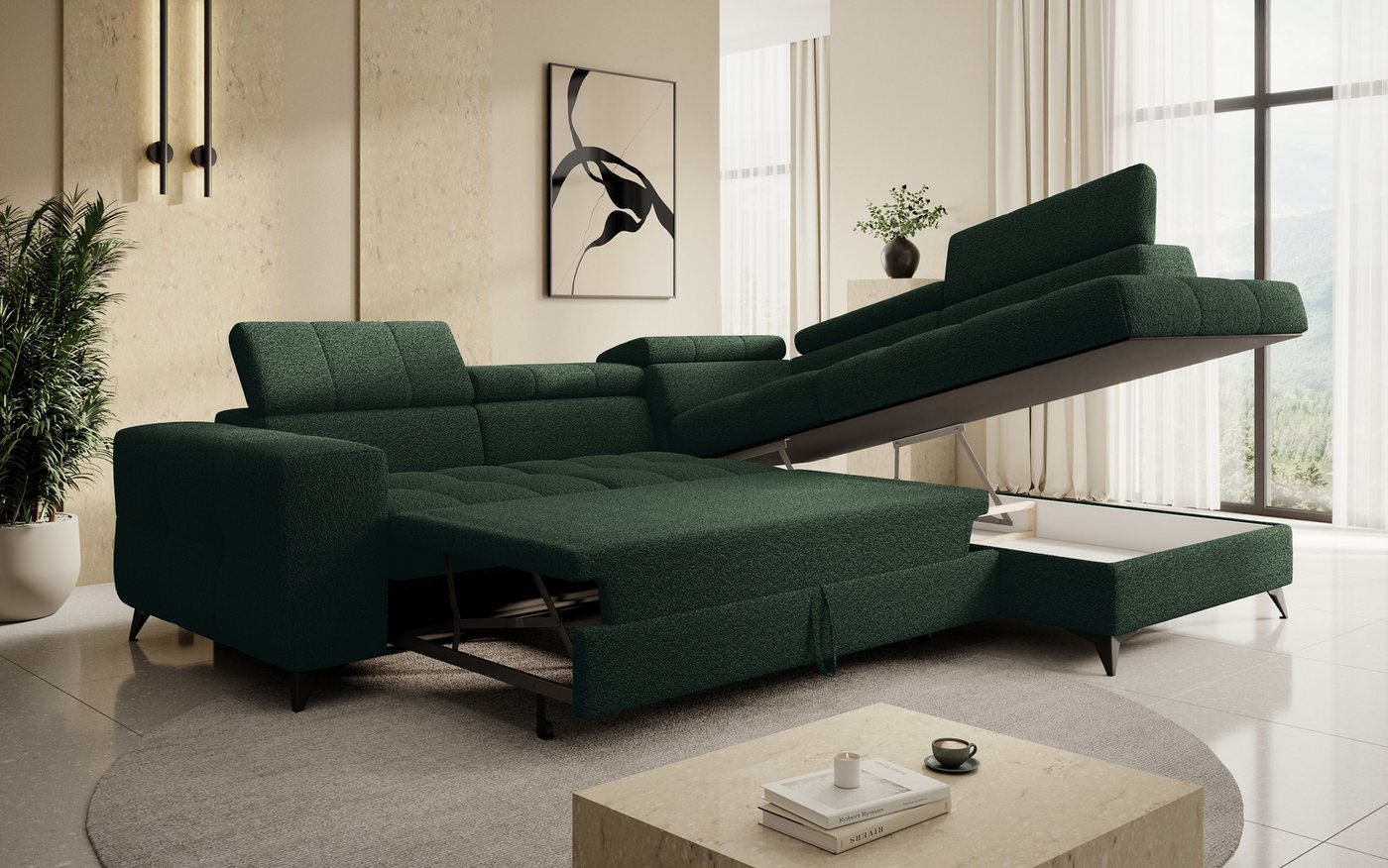 thematys Ecksofa SORANO mit Schlaffunktion & Bettkasten – L-Form, Bouclé und Velours, - mit verstellbaren Kopfstützen, – L-Form 270×203 cm – Schlafsofa mit Ausz – Bild 4 von 5