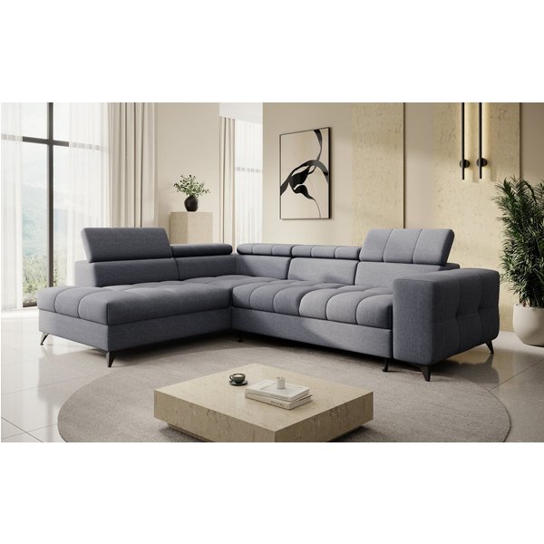 thematys Ecksofa SORANO mit Schlaffunktion & Bettkasten – L-Form, Bouclé und Velours, - mit verstellbaren Kopfstützen, – L-Form 270×203 cm – Schlafsofa mit Ausz