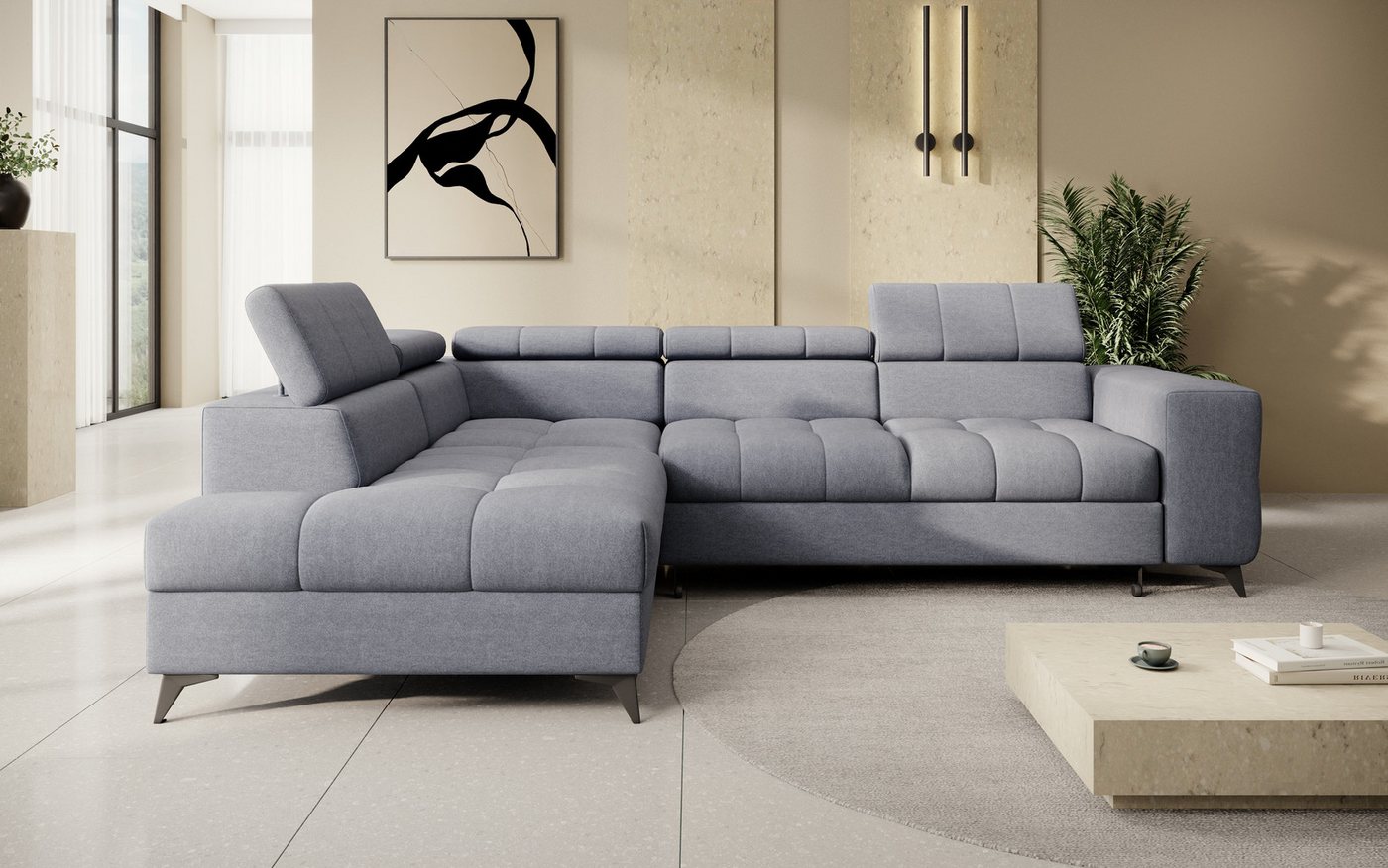 thematys Ecksofa SORANO mit Schlaffunktion & Bettkasten – L-Form, Bouclé und Velours, - mit verstellbaren Kopfstützen, – L-Form 270×203 cm – Schlafsofa mit Ausz – Bild 2 von 5