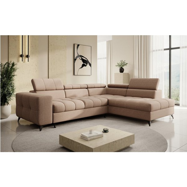 thematys Ecksofa SORANO mit Schlaffunktion & Bettkasten – L-Form, Bouclé und Velours, - mit verstellbaren Kopfstützen, – L-Form 270×203 cm – Schlafsofa mit Ausz