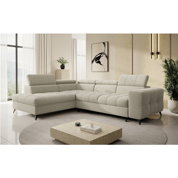 thematys Ecksofa SORANO mit Schlaffunktion & Bettkasten – L-Form, Bouclé und Velours, - mit verstellbaren Kopfstützen, – L-Form 270×203 cm – Schlafsofa mit Ausz