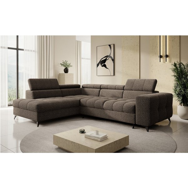 thematys Ecksofa SORANO mit Schlaffunktion & Bettkasten – L-Form, Bouclé und Velours, - mit verstellbaren Kopfstützen, – L-Form 270×203 cm – Schlafsofa mit Ausz