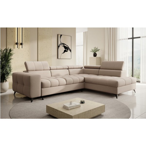 thematys Ecksofa SORANO mit Schlaffunktion & Bettkasten – L-Form, Bouclé und Velours, - mit verstellbaren Kopfstützen, – L-Form 270×203 cm – Schlafsofa mit Ausz