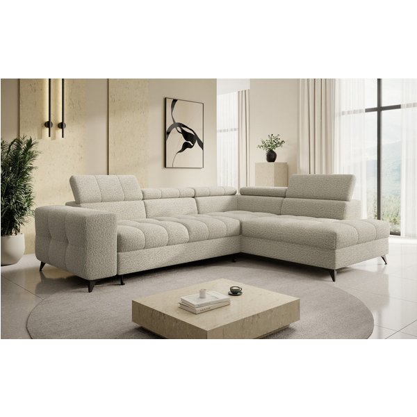 thematys Ecksofa SORANO mit Schlaffunktion & Bettkasten – L-Form, Bouclé und Velours, - mit verstellbaren Kopfstützen, – L-Form 270×203 cm – Schlafsofa mit Ausz