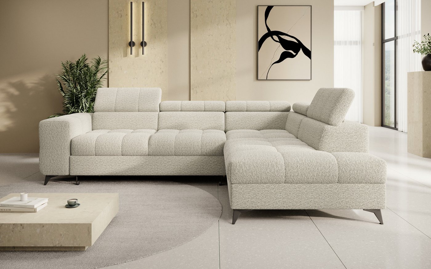 thematys Ecksofa SORANO mit Schlaffunktion & Bettkasten – L-Form, Bouclé und Velours, - mit verstellbaren Kopfstützen, – L-Form 270×203 cm – Schlafsofa mit Ausz – Bild 2 von 5