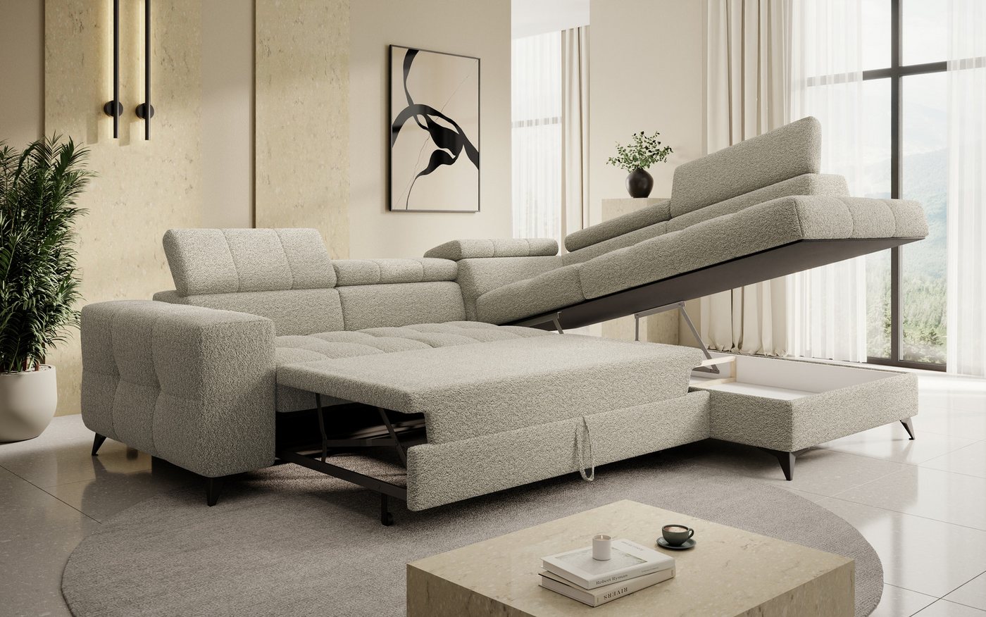 thematys Ecksofa SORANO mit Schlaffunktion & Bettkasten – L-Form, Bouclé und Velours, - mit verstellbaren Kopfstützen, – L-Form 270×203 cm – Schlafsofa mit Ausz – Bild 4 von 5