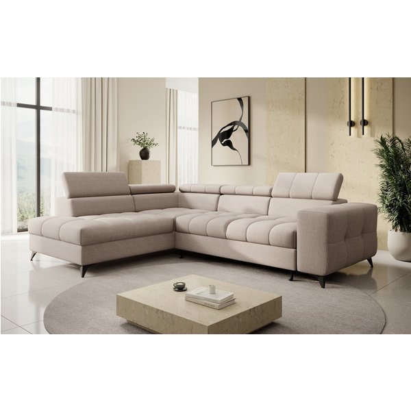 thematys Ecksofa SORANO mit Schlaffunktion & Bettkasten – L-Form, Bouclé und Velours, - mit verstellbaren Kopfstützen, – L-Form 270×203 cm – Schlafsofa mit Ausz