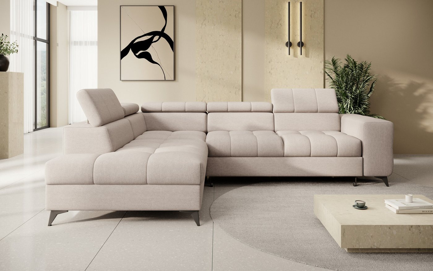 thematys Ecksofa SORANO mit Schlaffunktion & Bettkasten – L-Form, Bouclé und Velours, - mit verstellbaren Kopfstützen, – L-Form 270×203 cm – Schlafsofa mit Ausz – Bild 2 von 5