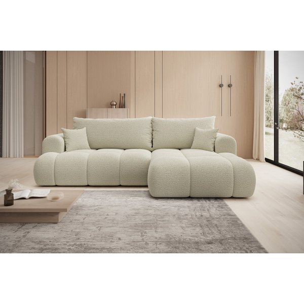 thematys Ecksofa TREVIO mit Schlaffunktion und Bettkasten, L-Form, Cord und Bouclé, 260 x 165cm - Luxus Couch mit Bettfunktion mit Bonnellfedern + 2 Kissen