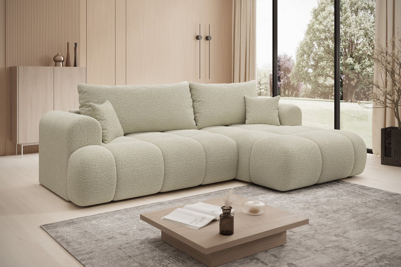 thematys Ecksofa TREVIO mit Schlaffunktion und Bettkasten, L-Form, Cord und Bouclé, 260 x 165cm - Luxus Couch mit Bettfunktion mit Bonnellfedern + 2 Kissen – Bild 2 von 5