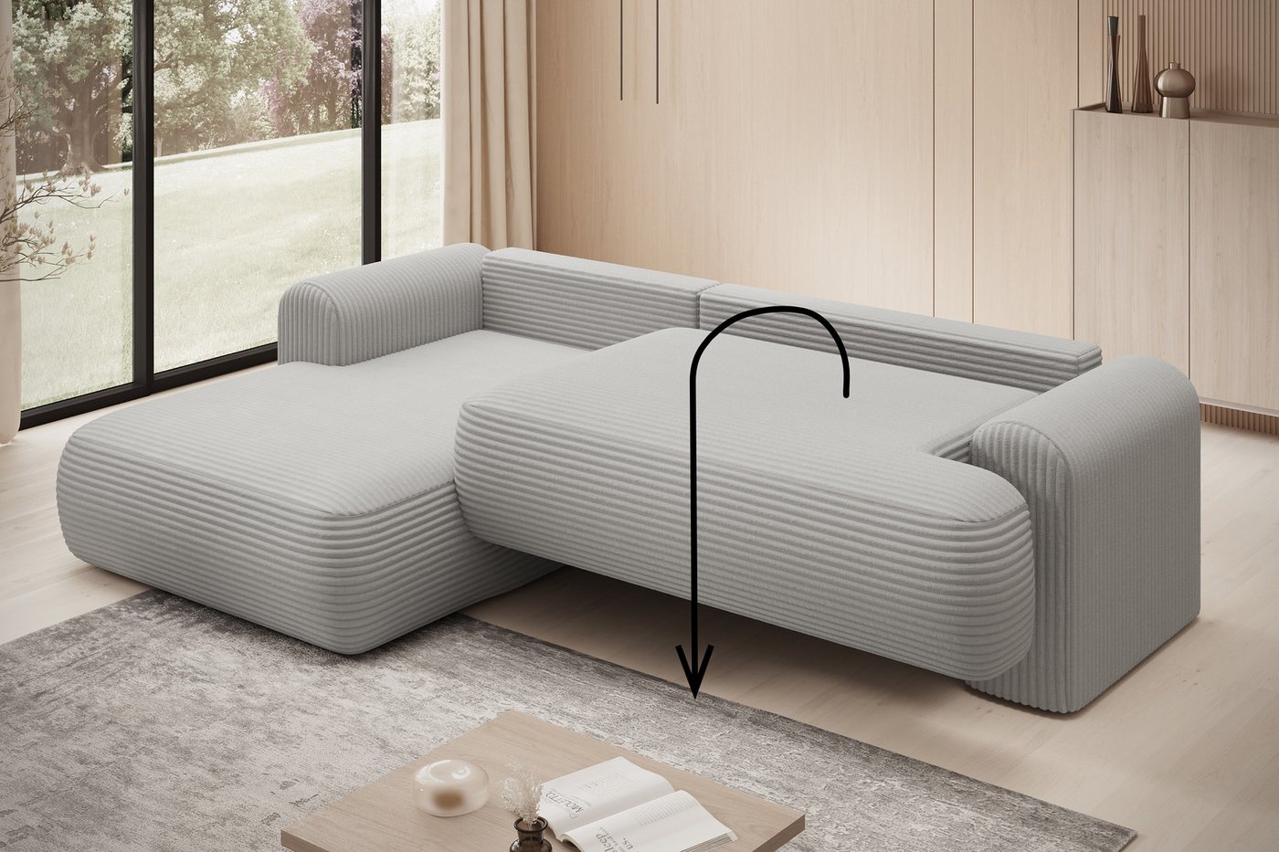 thematys Ecksofa TREVIO mit Schlaffunktion und Bettkasten, L-Form, Cord und Bouclé, 260 x 165cm - Luxus Couch mit Bettfunktion mit Bonnellfedern + 2 Kissen – Bild 3 von 5