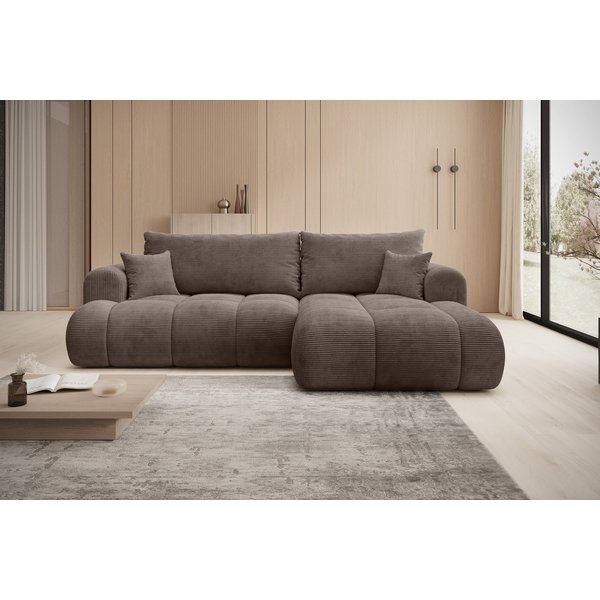thematys Ecksofa TREVIO mit Schlaffunktion und Bettkasten, L-Form, Cord und Bouclé, 260 x 165cm - Luxus Couch mit Bettfunktion mit Bonnellfedern + 2 Kissen