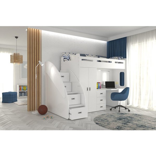 thematys Etagenbett 80x200cm mit Treppe, Schrank und Schreibtisch Hochglanz (für Jungen und Mädchen, Jugendbett, Kleiderschrank, Kinderzimmer, 3 in 1, 180cm x 1