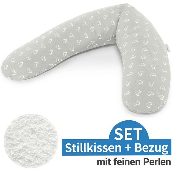Theraline Stillkissen Das Komfort - Herzen - Grau, 2-tlg., Lagerungskissen Schwangerschaftskissen inkl. Bezug (Baumwolle) 180 cm