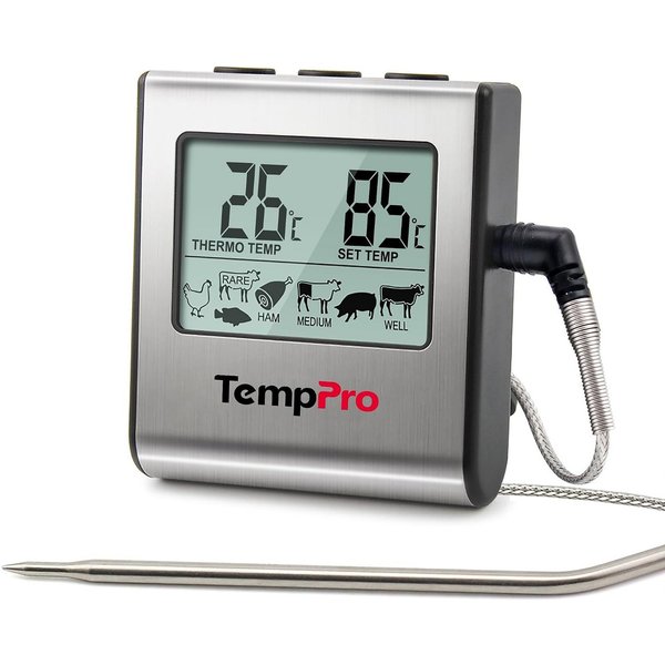 ThermoPro Grillthermometer TP16, Grillthermometer mit Sonde, Timer, Alarm, bis 300 °C, LCD