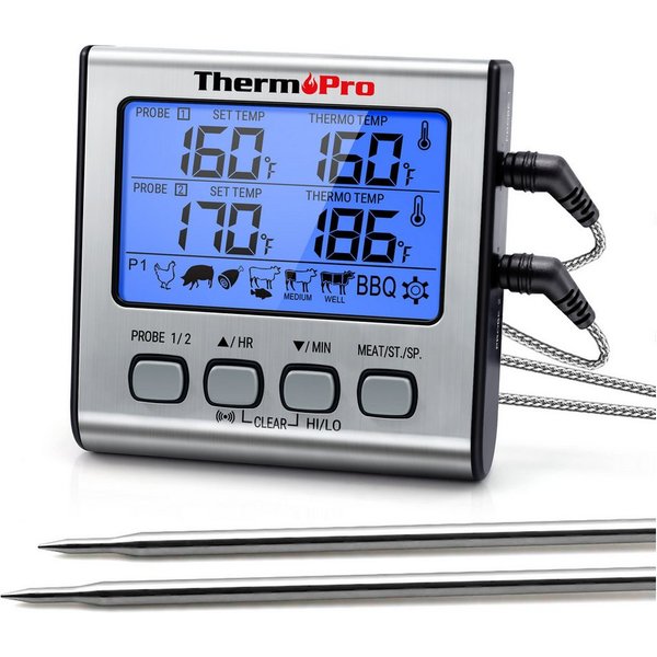 ThermoPro Grillthermometer TP17, Grillthermometer mit 2 Sonden, Alarm, bis 300 °C, LCD-Beleuchtung